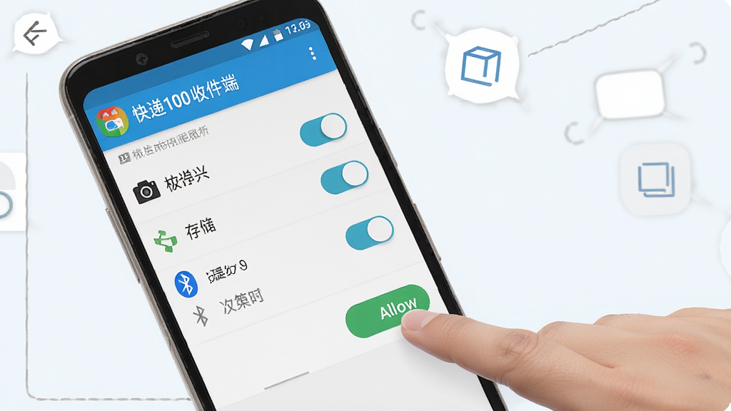 一张展示快递100收件端在安卓手机上的权限设置界面截图风格图,画面中手机屏幕显示应用权限管理页面,包含摄像头、存储、蓝牙等权限开关,旁边有一只手正在点击允许按钮,背景为简洁的浅色界面,风格为产品操作指引图,细节清晰,画质高清,画面干净无多余元素