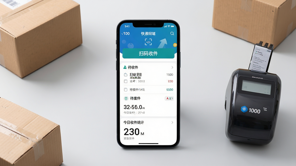 一张手机屏幕展示快递100收件端应用主界面的场景图,画面中央是一部竖屏智能手机,屏幕内显示快递100收件端App的首页,包含扫码收件按钮、待收件列表、今日收件统计数字,手机周围散落几个快递纸箱和一台便携蓝牙打印机,背景是干净的浅灰色工作台面,整体风格为写实产品展示风,细节清晰,光线明亮柔和,画质高清,画面干净无多余元素