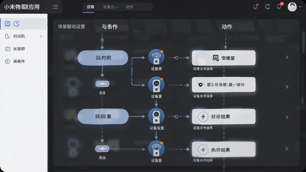 画面中央为小未物联应用中的场景联动设置页面,页面中显示条件与动作的流程示意图,包含时间图标、设备图标与箭头连接,布局采用纵向流程排版,风格为现代简约风,细节上突出条件分支与执行结果,画质清晰干净,无多余元素