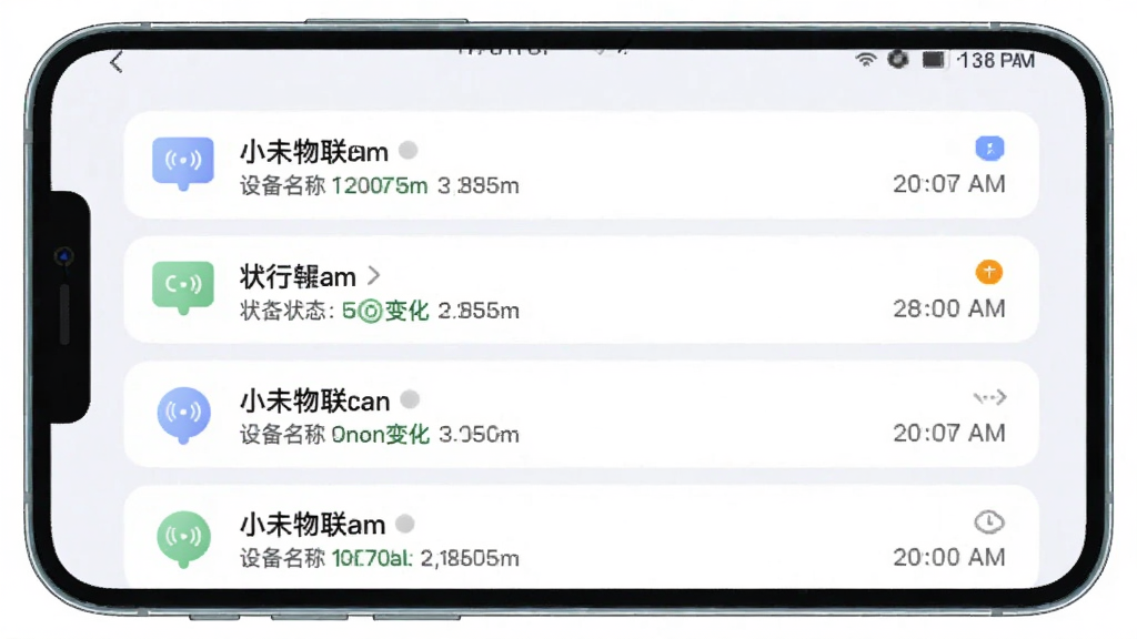 画面中央展示小未物联应用的消息提醒界面,界面中显示多条设备通知卡片,包含设备名称、状态变化与时间戳,布局采用列表式排版,风格为柔和浅色风,细节上强调通知图标与未读标记,画质干净清晰,无多余元素