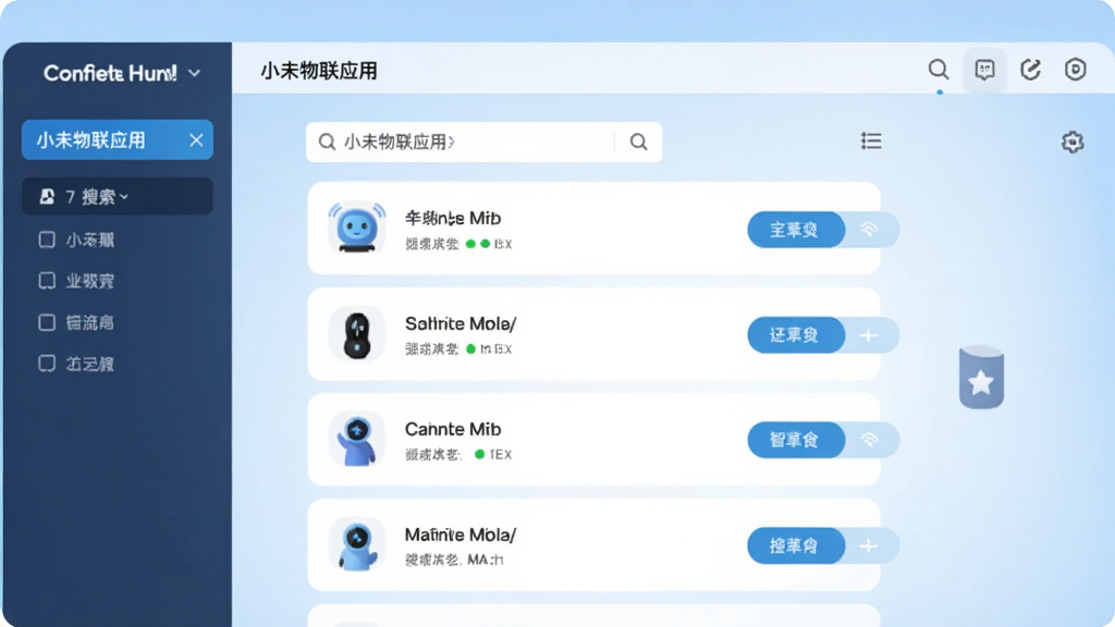 画面中央为小未物联应用界面,界面中显示搜索到多个智能设备的列表,每个设备旁有连接按钮,背景为浅蓝色渐变,布局简洁明了,风格为扁平化科技风,细节上突出设备图标与连接状态指示灯,画质清晰,干净无多余元素