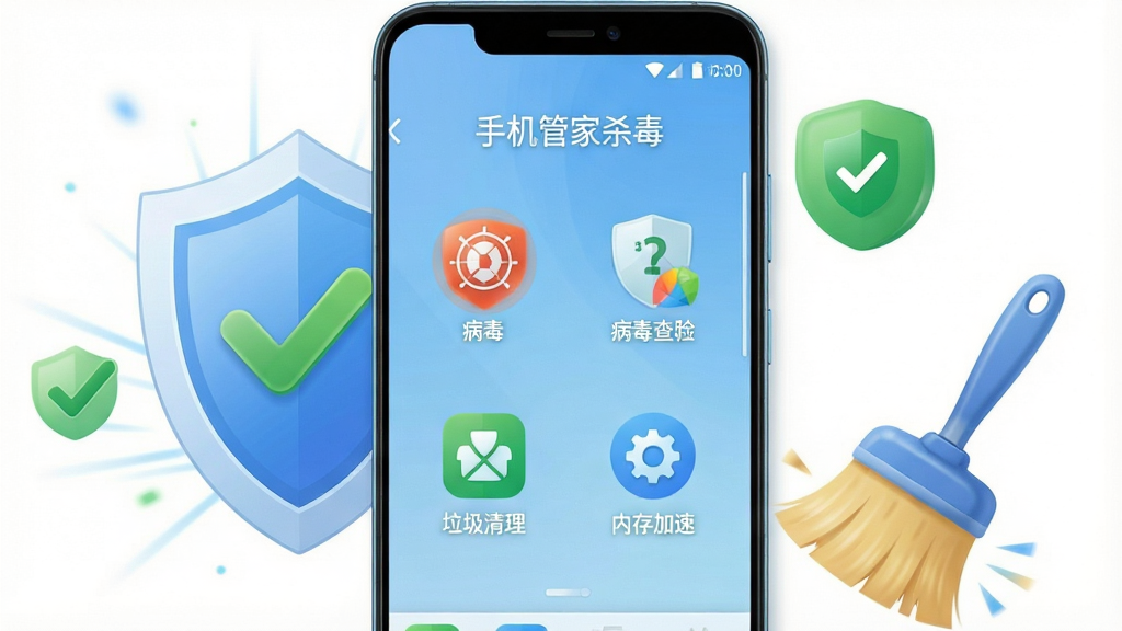 一部安卓智能手机屏幕正面展示,屏幕上显示“手机管家杀毒”应用主界面,界面中有病毒查杀、垃圾清理、内存加速等功能图标,背景为浅蓝色渐变,手机周围环绕盾牌、对勾、清理刷等安全元素,整体布局居中对称,风格简洁现代,细节清晰,画质干净,无多余元素