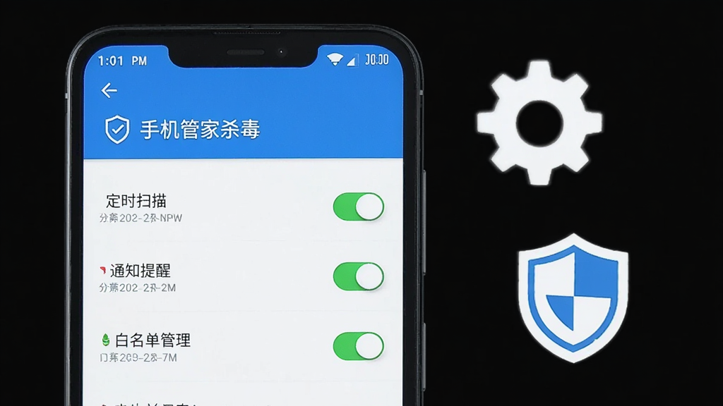 一部安卓手机屏幕显示“手机管家杀毒”设置界面,界面中有定时扫描、通知提醒、白名单管理等选项开关,背景为白色,手机旁有齿轮图标和盾牌图标,布局清晰,风格简约,细节干净,画质明亮,无多余元素