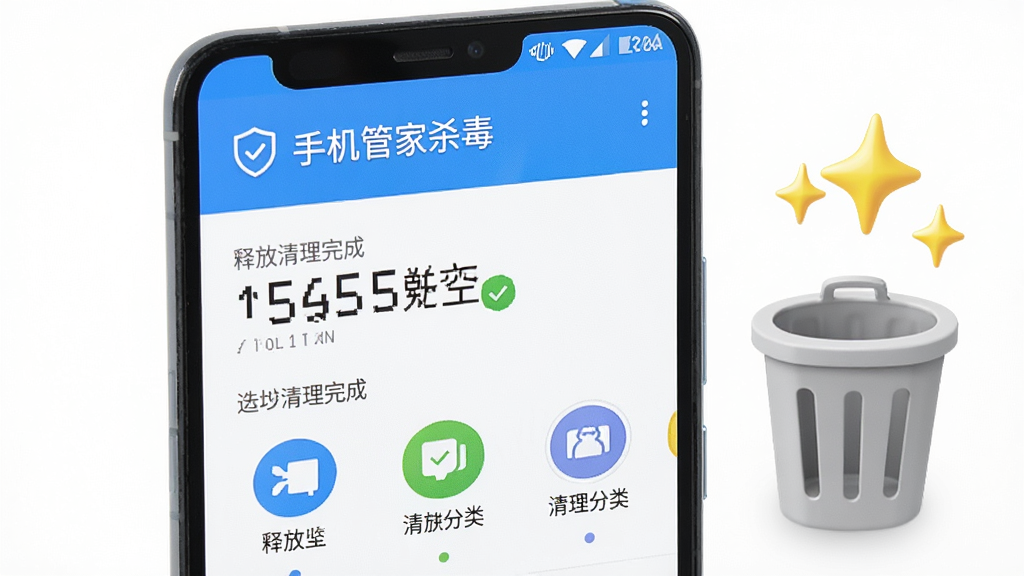 一部安卓手机屏幕特写,显示“手机管家杀毒”垃圾清理完成界面,屏幕上有释放空间数值和清理分类图标,背景为白色,手机旁边有垃圾桶和闪亮星星元素,布局清晰,风格清新,细节干净,画质明亮,无多余元素