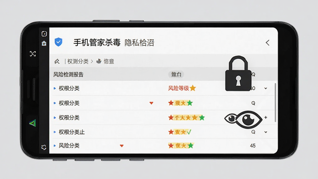 一部安卓手机屏幕显示“手机管家杀毒”隐私检测报告页面,页面中有权限分类列表和风险等级标识,背景为浅灰色,手机旁有锁形图标和眼睛图标,布局规整,风格严谨,细节清晰,画质干净,无多余元素