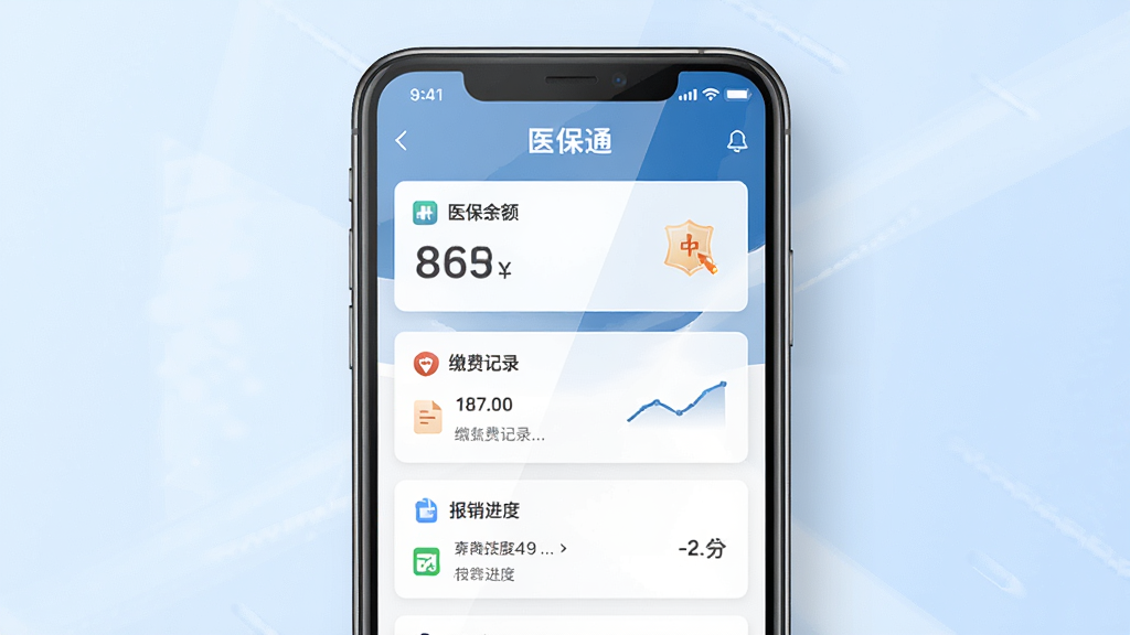 医保通软件主界面展示,主体为一部智能手机,屏幕中显示医保通应用的首页,页面包含医保余额、缴费记录、报销进度等卡片式功能入口,布局简洁清晰,排版上下结构分明,风格为现代扁平化设计,细节上屏幕有柔和光影反射,背景为淡蓝色渐变,画质高清,干净,无多余元素