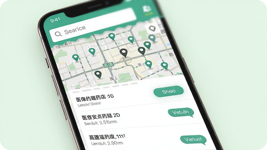 医保通定点药店查询界面,主体为手机屏幕,地图上散布多个定位图标,下方列表展示药店名称与距离,布局为上下地图加列表结构,排版清晰,风格为现代导航应用风,细节上包含搜索框与筛选按钮,背景为浅绿色调,画质高清,干净,无多余元素