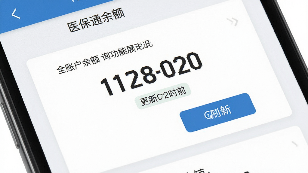 医保通账户余额查询功能展示图,主体为手机屏幕特写,屏幕中央显示医保通余额查询页面,数字醒目,布局为上下信息卡片排列,排版整齐,风格为简约商务风,细节上包含余额数字、更新时间标签与刷新按钮,背景为白色与浅灰搭配,画质清晰,干净,无多余元素