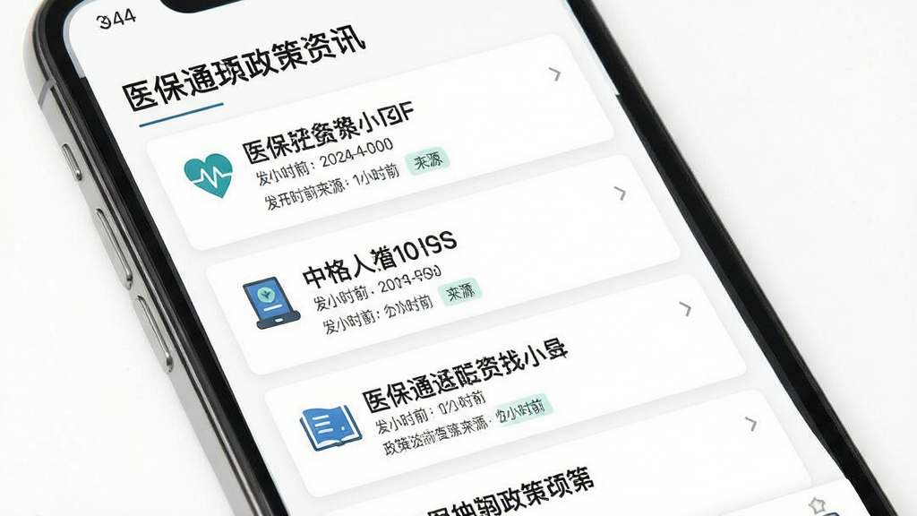 医保通政策资讯页面,主体为手机屏幕展示资讯列表,每篇文章配有小图标与标题,布局为纵向卡片流,排版疏朗,风格为新闻阅读类应用风格,细节上包含发布时间与来源标签,背景为纯白,画质清晰,干净,无多余元素