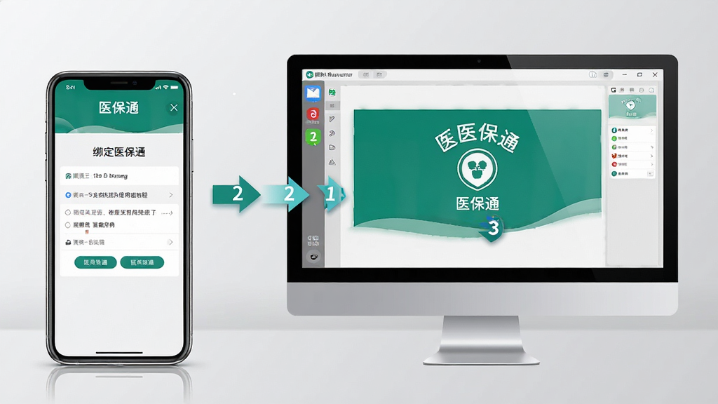 医保通使用教程示意图,主体为一部手机与一台电脑并排摆放,手机屏幕显示医保通绑定页面,电脑屏幕显示模拟器中的医保通界面,布局为左右对比,排版清晰,风格为科技教学风,细节上包含箭头指引与步骤数字,背景为浅灰渐变,画质高清,干净,无多余元素