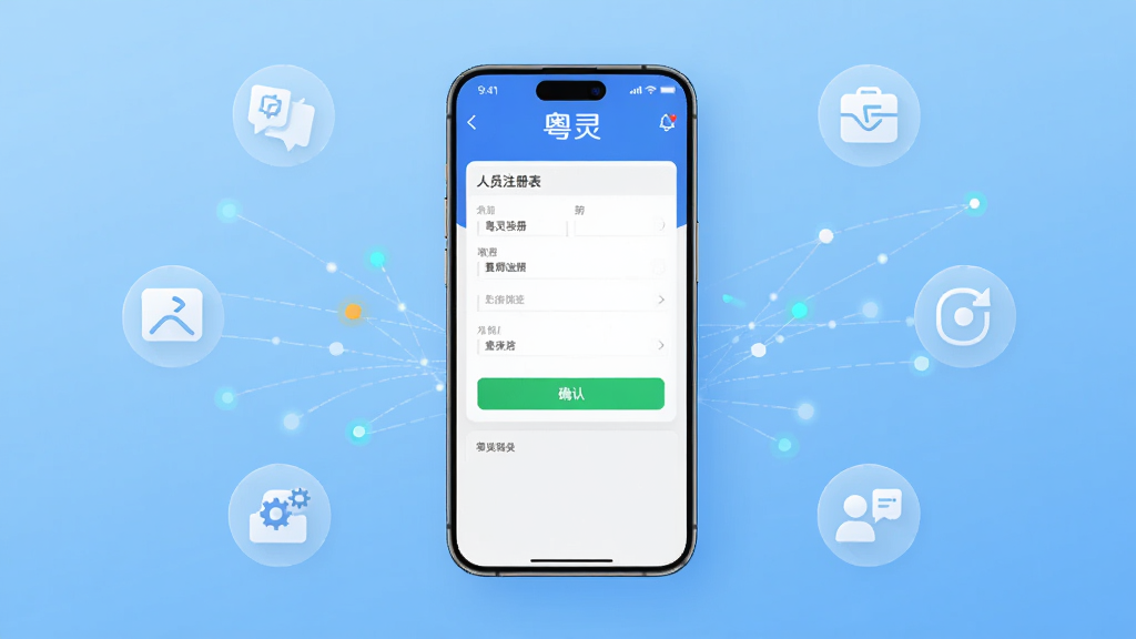 主体为一部智能手机竖屏展示粤灵软件主界面,布局采用居中手机加四周功能图标环绕的排版方式,风格为现代简约科技风,细节上手机屏幕显示人员注册表单与绿色确认按钮,背景为浅蓝色渐变并点缀数据连线元素,画质高清干净无多余元素,画面中文字为“粤灵”