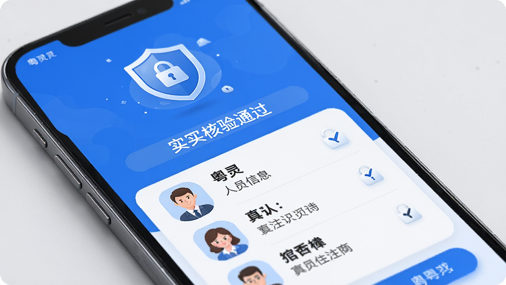 主体为手机屏幕展示实名核验通过页面,布局采用上下分栏排版,上方为盾牌安全图标下方为人员信息列表,风格为安全可信的商务风,细节上界面以蓝色为主色调并带有加密锁元素,背景为纯净浅灰,画质高清干净无多余元素,画面中文字为“粤灵”