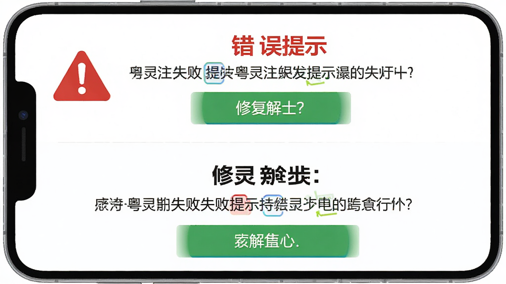 主体为手机屏幕展示粤灵注册失败提示与解决步骤,布局为上下两栏上方错误提示下方操作指引,风格为扁平化教学插图风,细节上包含红色警告图标与绿色修复按钮,背景为纯白,画质高清干净无多余元素,画面中文字为“粤灵”