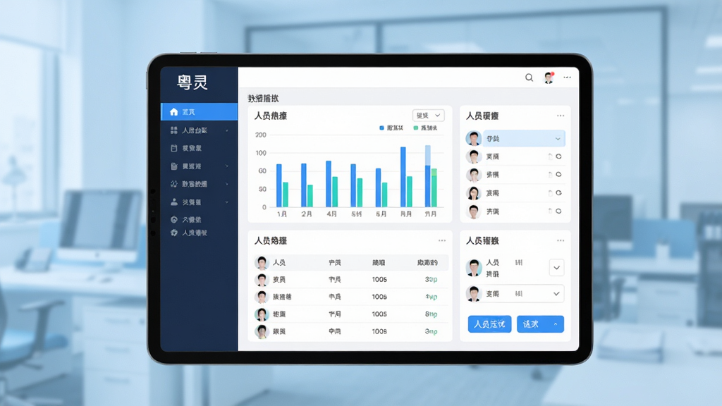 主体为平板电脑展示人员台账统计图表,布局为左侧菜单栏右侧数据看板排版,风格为清爽数据可视化风,细节上包含柱状图、人员列表与筛选按钮,背景为淡蓝色办公环境虚化,画质高清干净无多余元素,画面中文字为“粤灵”