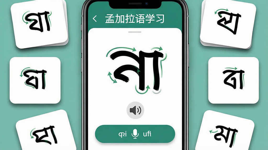 一张展示孟加拉语学习软件字母教学页面的图片,主体为手机屏幕中显示孟加拉语字母书写笔顺动画和发音按钮,布局为手机居中展示配合字母卡片环绕,排版清晰分区明确,风格为现代教育类应用界面,细节包括字母笔顺轨迹线条、发音喇叭图标、跟读录音按钮、字母卡片阴影效果,画质高清干净无多余元素,画面中文字显示
