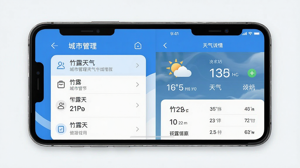 竹露天气应用在手机上的操作界面截图,画面展示手机屏幕内城市管理列表和天气详情页,界面清爽,蓝色主色调,布局合理,风格现代简约,画质高清,干净无多余元素