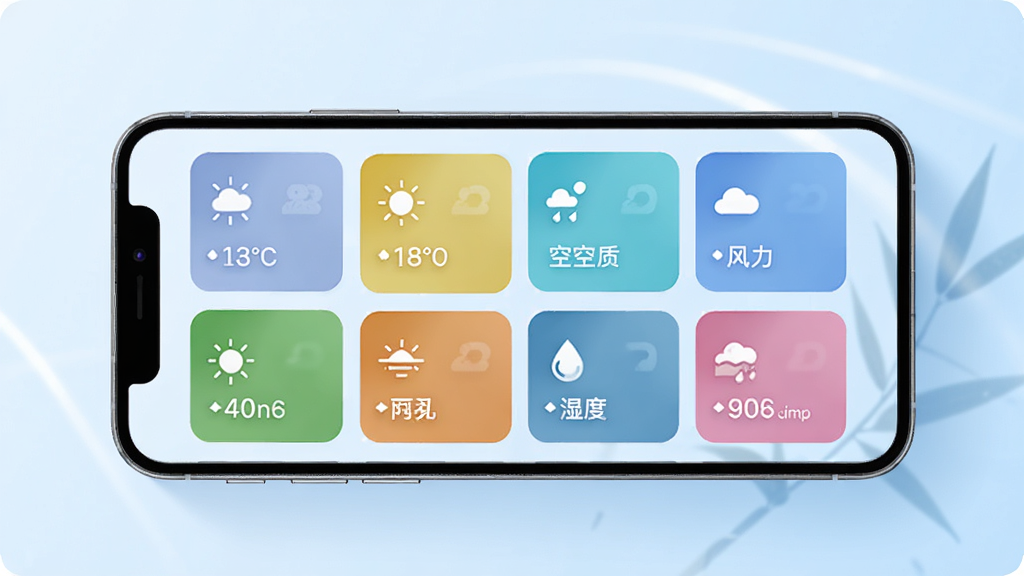 竹露天气应用的功能展示图,画面中一部手机横向放置,屏幕内呈现多个彩色信息卡片,分别标注温度、空气质量、风力、湿度等图标,卡片排列整齐,背景为浅蓝色渐变,周围有柔和的光影效果,风格简洁明快,画质高清,干净无多余元素