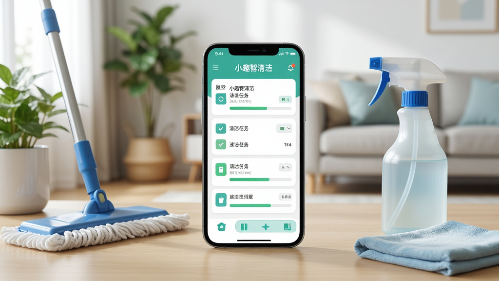 一个现代家庭客厅场景,画面中央放置一部智能手机,手机屏幕上显示“小趣智清洁”应用界面,界面中包含清洁任务列表和进度条,手机周围环绕着清洁工具如拖把、喷壶、抹布,整体布局为手机居中、工具环绕四周,风格为清新写实风,细节包括柔和的自然光线、整洁的家居环境、绿色植物点缀,画质为高清4K,干净明亮,无多余元素