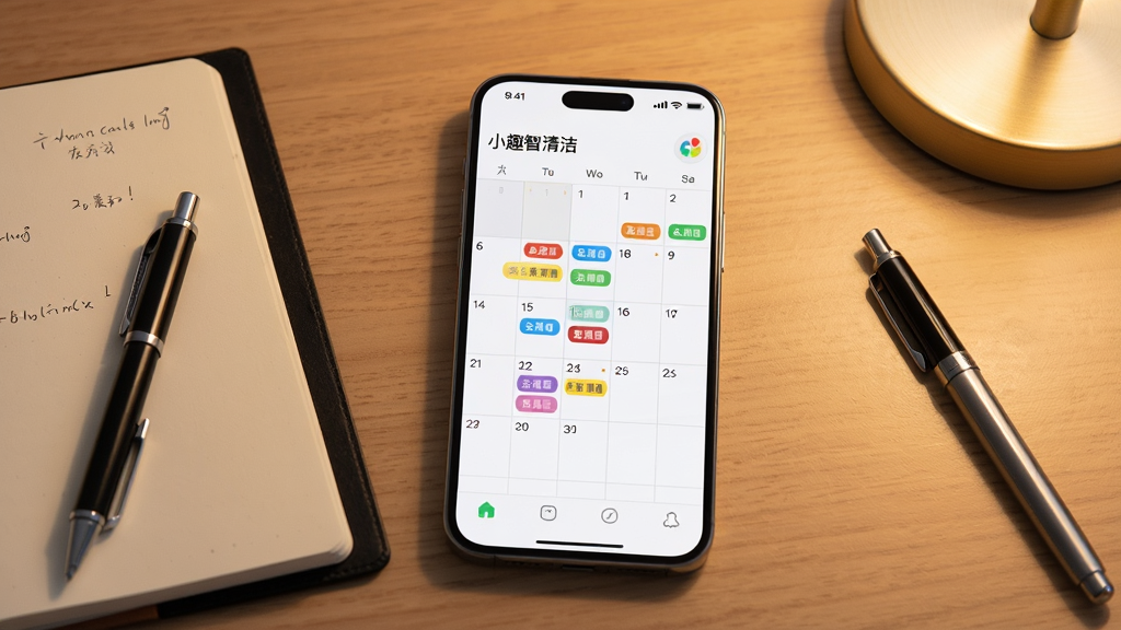 一部智能手机放置在木质桌面上,屏幕显示“小趣智清洁”的日历视图,日历上标注了不同颜色的清洁任务标签,手机旁边有一本打开的笔记本和一支笔,布局为手机居中、笔记本在左、笔在右,风格为简约办公风,细节包括暖色调灯光、清晰的屏幕内容、整洁的桌面,画质为高清,干净无杂乱