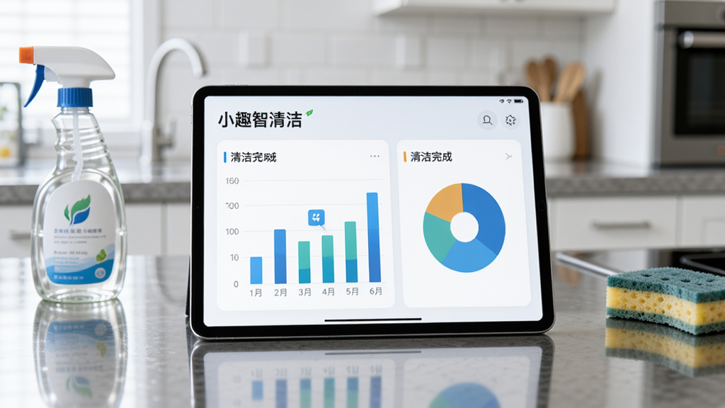 一个平板电脑屏幕显示“小趣智清洁”的数据统计页面,页面中有柱状图和饼图展示清洁任务完成情况,平板电脑放置在厨房台面上,旁边有清洁剂和海绵,布局为平板居中、物品分布在两侧,风格为现代科技风,细节包括清晰的图表、明亮的厨房环境、不锈钢台面反光,画质为高清,干净整洁,无多余装饰