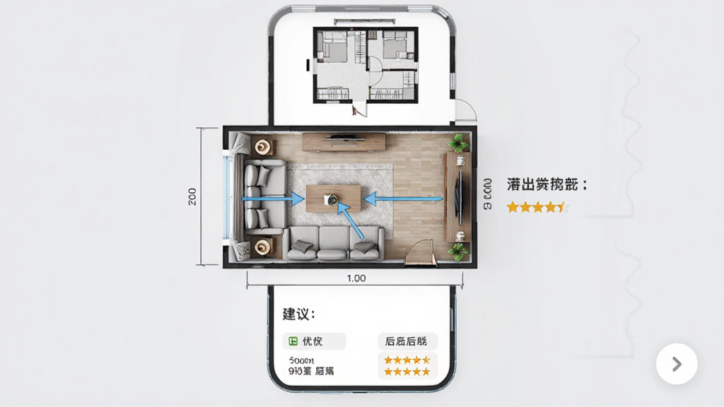 Deep装修设计AI空间布局优化建议界面,画面中手机屏幕显示一个长方形客厅的俯视图,图中标注了沙发、茶几、电视柜的位置调整箭头,旁边有文字说明与评分星级,背景为浅灰色,布局上方为户型图下方为建议列表,风格专业简洁,细节有尺寸标注与优化前后对比,画质清晰,干净,无多余元素