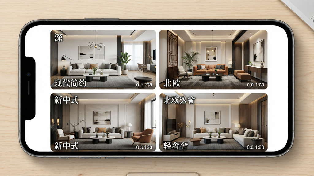 Deep装修设计AI多风格效果图生成界面,画面展示手机屏幕中同时呈现四张不同风格的客厅效果图,分别为现代简约、北欧、新中式与轻奢风格,图片以网格排列,背景为浅木色桌面,布局整齐,风格清新明亮,细节包括风格标签与生成时间,画质清晰,干净,无多余元素