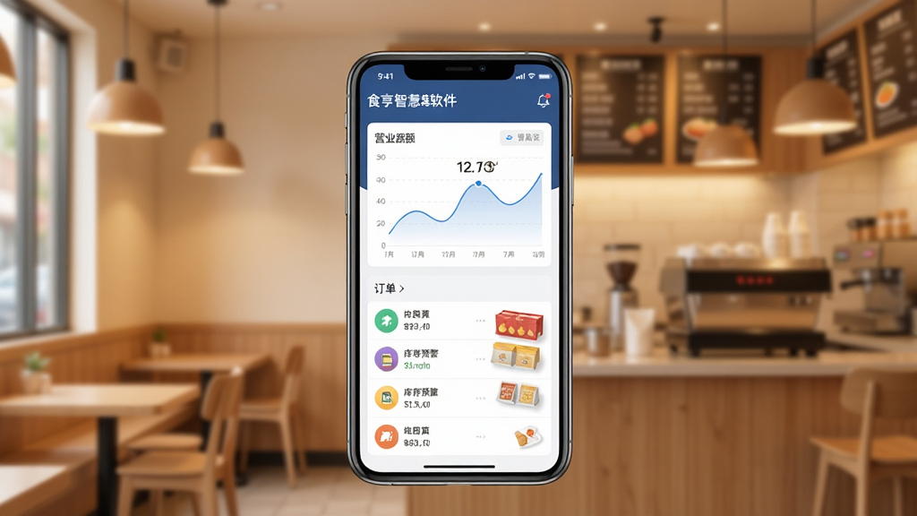 食亨智慧门店软件主界面全貌展示,画面中央放置一部智能手机,屏幕内展示门店管理数据看板,包含营业额曲线图、订单列表和库存预警图标,背景为简洁的餐饮门店场景,暖色调灯光,画面布局清晰中心突出,扁平化科技风格,细节丰富,高清画质,干净整洁,无多余装饰元素