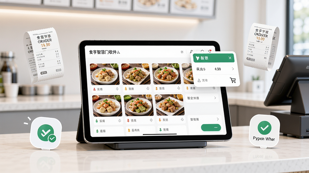 食亨智慧门店收银台界面,画面中心为平板电脑显示点单页面,页面中有菜品图片网格和购物车悬浮窗,周围环绕着订单小票和支付成功图标,明亮整洁的餐厅前台环境,现代简约设计风格,画面主体突出,细节清晰,画质干净,无杂乱元素