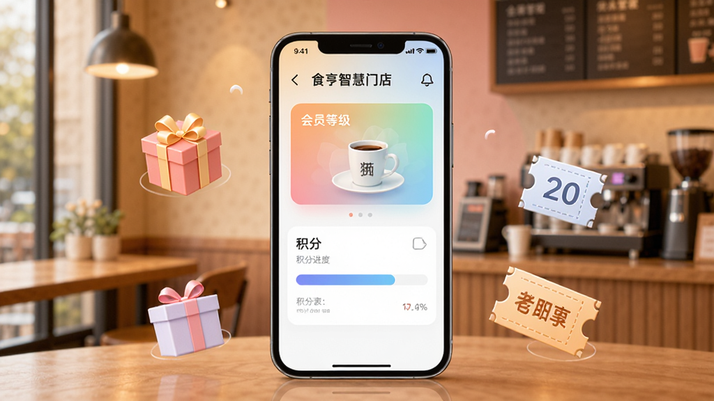 食亨智慧门店会员管理界面,画面展示手机屏幕上的会员等级卡片和积分进度条,周围环绕着礼品盒和优惠券图标,背景为温馨的咖啡厅一角,柔和渐变色调,现代UI设计风格,排版整齐,画面干净,高清画质,无杂乱元素