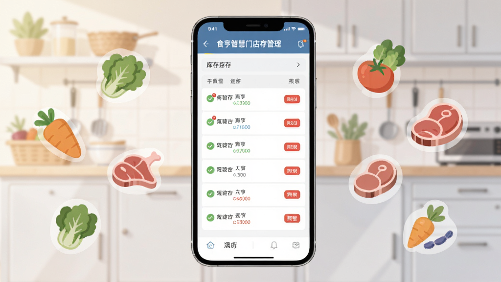 食亨智慧门店库存管理页面,手机屏幕显示库存列表和预警红色标识,屏幕旁边散落着蔬菜、肉类等食材图标,背景为整洁的厨房储物间,柔和光线,扁平化插画风格,布局清晰,画面干净,高清画质,无多余元素