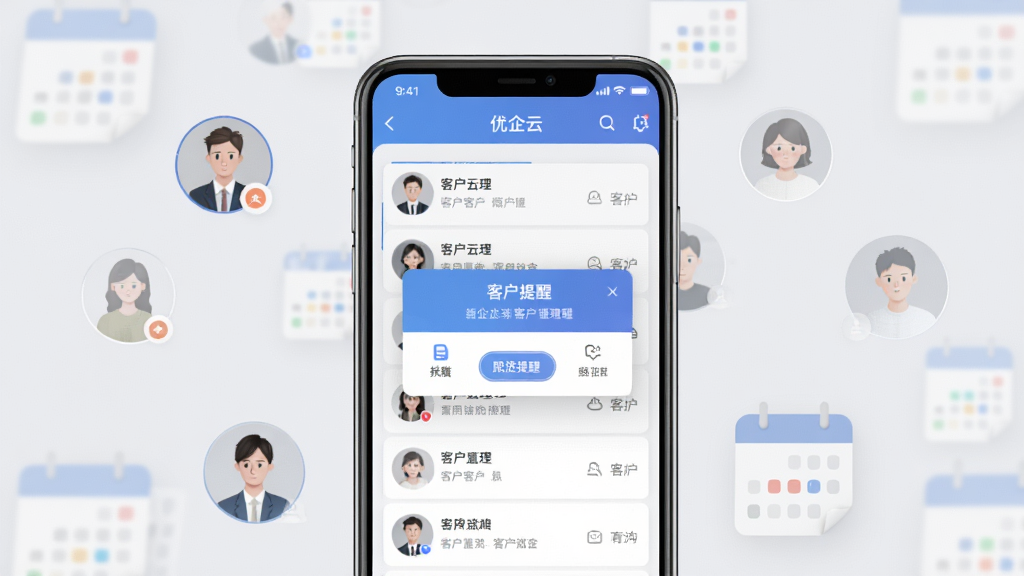 一张优企云客户管理模块的界面示意图,画面中手机屏幕显示客户列表与跟进提醒弹窗,屏幕外有若干半透明的联系人头像与日历图标环绕,背景为淡灰色,整体风格清爽简约,布局居中,细节丰富,画质干净,无多余元素