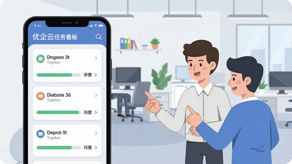 一张优企云任务看板与团队协作场景的插画,画面左侧为手机屏幕显示任务卡片与进度条,右侧为两名卡通风格的职场人士正在查看同一份任务列表,背景为开放式办公场景,风格扁平化,排版左右均衡,细节清晰,画质干净,无多余元素