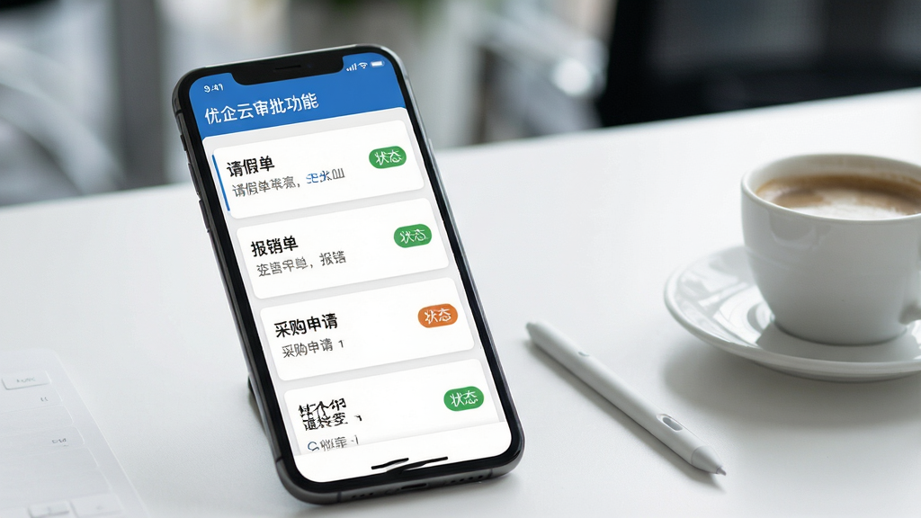 一张优企云审批功能界面展示图,画面主体为手机屏幕内呈现的审批流程列表,包含请假单、报销单、采购申请等卡片式条目,右侧带有状态标签,手机旁放置一支触控笔和一杯咖啡,桌面整洁,背景虚化,风格现代商务,排版清晰,画质干净,无多余元素