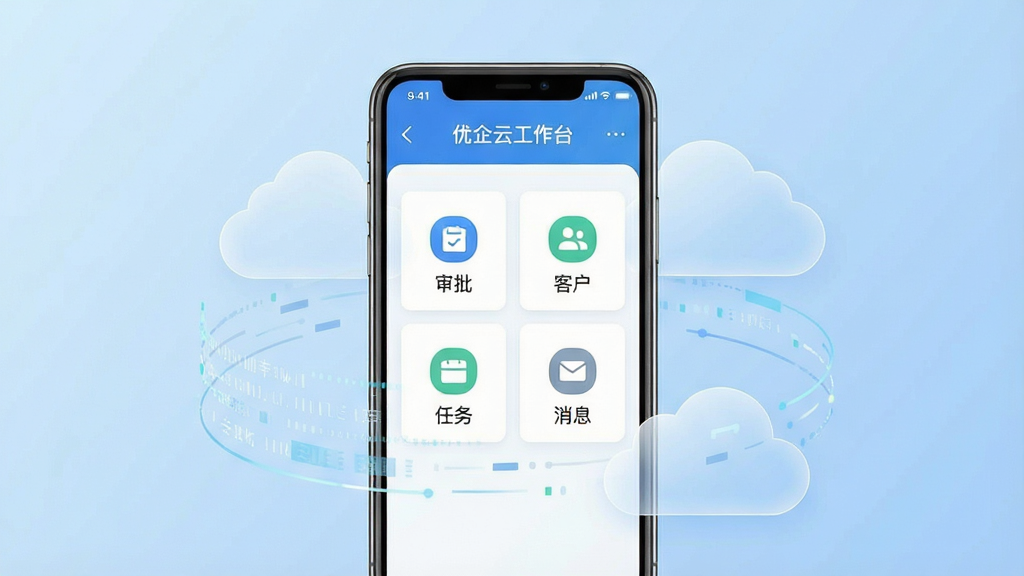 一张展示优企云移动端主界面的插画,画面中央是一部竖屏智能手机,屏幕内显示优企云工作台页面,包含审批、客户、任务、消息四个图标模块,手机周围环绕半透明的云朵与数据流线条,背景为浅蓝色渐变,整体风格简洁商务,排版居中对称,细节清晰,画质干净,无多余元素