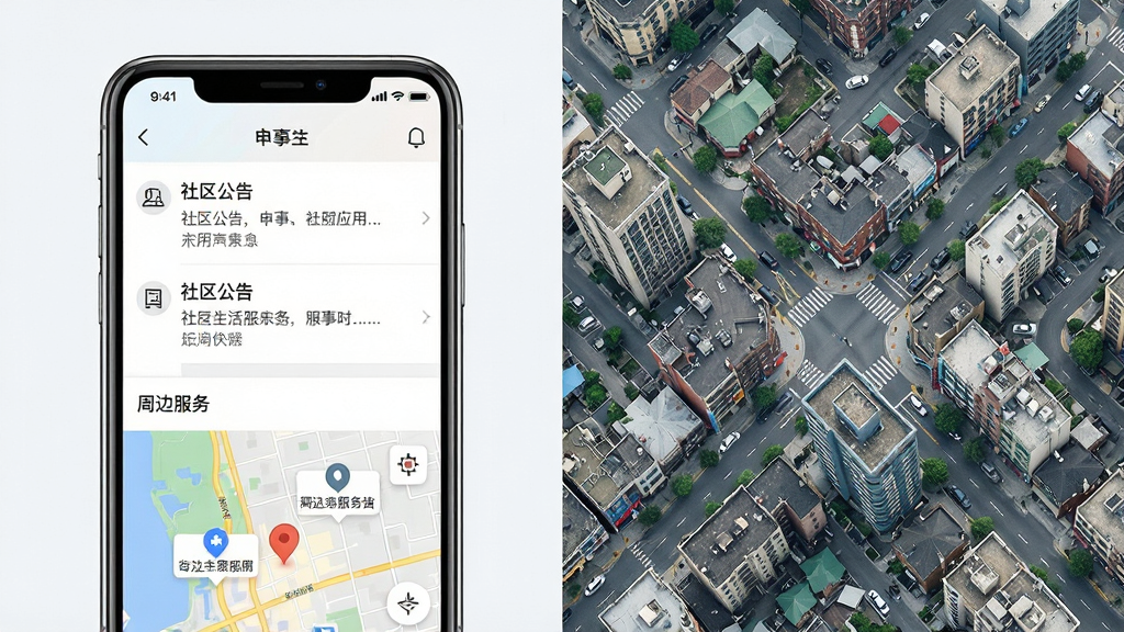 申事生活应用本地生活信息服务功能展示图,画面左侧为手机界面显示社区公告列表与周边服务地图标记,右侧为城市街区俯视图,风格清新写实,布局左右分栏,画质清晰,干净整洁,无多余元素