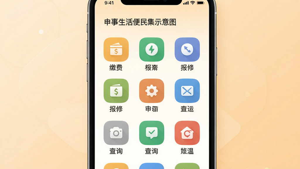 申事生活便民工具集功能示意图,画面为手机屏幕内排列整齐的工具图标网格,包含缴费、报修、查询等图标,背景为柔和暖色,风格简约现代,布局居中,画质清晰,干净利落,无多余元素