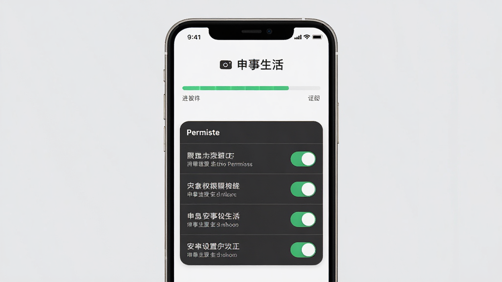 一幅展示申事生活应用安装与权限设置界面的示意图,画面为手机屏幕显示安装进度条与权限开关列表,背景为浅灰色,风格简洁写实,布局居中,画质清晰,干净整洁,无多余元素