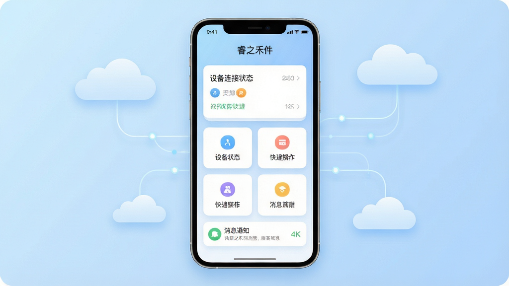 一张展示睿之禾软件主界面的手机应用截图,画面中央是手机屏幕,屏幕内显示简洁的卡片式功能布局,包含设备连接状态、快捷操作入口和消息通知栏,背景为柔和的浅蓝渐变,周围点缀着抽象的云朵和连接线条,整体风格清新现代,画面干净无多余元素,文字清晰可辨,画质细腻,主体突出,排版居中,风格为扁平化UI展示图,细节上带有轻微的投影和圆角,画质4K,干净,无多余元素