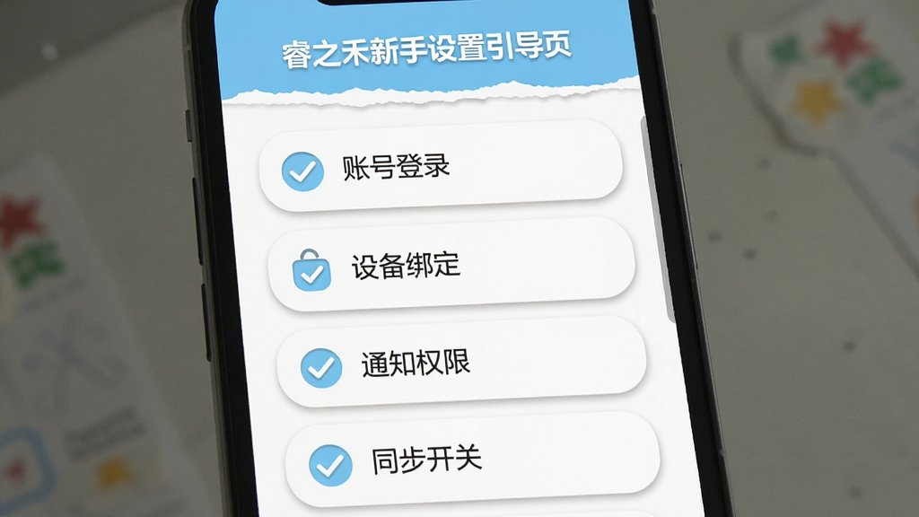 一张展示睿之禾新手设置引导页的手机截图,画面中手机屏幕显示一个简洁的清单列表,包含账号登录、设备绑定、通知权限、同步开关等步骤,每个步骤前有一个圆形勾选框,背景为白色,顶部有浅蓝色标题栏,整体风格为扁平化教程示意图,细节上带有轻微的阴影和圆角,排版纵向排列,画质清晰,干净,无多余元素