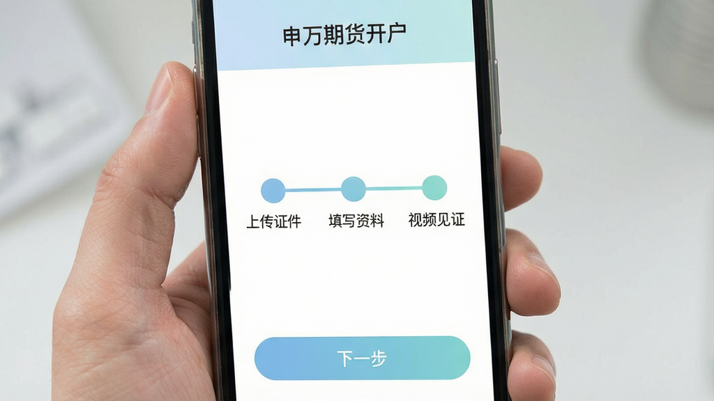 一张展示手机界面中开户流程进度条的图片,界面顶部有“申万期货开户”字样,中间是步骤节点如“上传证件”、“填写资料”、“视频见证”,底部有“下一步”按钮,整体风格清新简洁,配色柔和,画质清晰,干净无多余元素