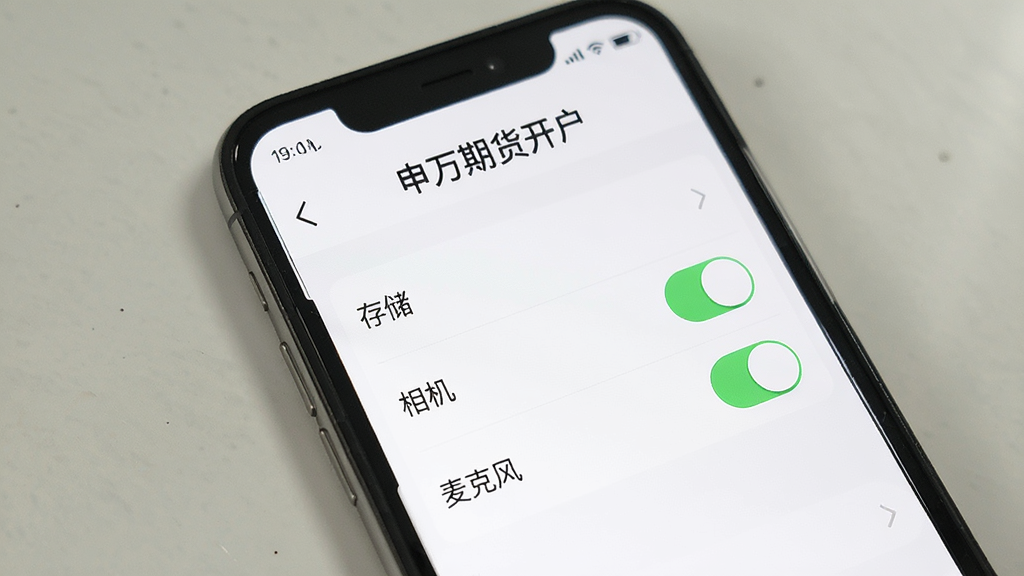 一张手机屏幕展示申万期货开户APP设置权限界面的图片,界面包含“存储”、“相机”、“麦克风”权限开关,背景为白色,顶部有“申万期货开户”标题,风格简洁明了,画质清晰,干净无多余元素