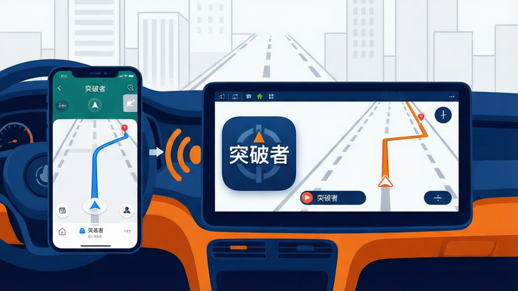 一张展示智能手机与汽车中控大屏通过无线信号相连的科技风格插画,画面中央是“突破者”软件图标,手机屏幕显示导航界面,车机屏幕同步显示相同路线,背景是简洁的城市道路线条,整体色调以深蓝与亮橙为主,风格扁平化,细节清晰,画质干净,无多余元素