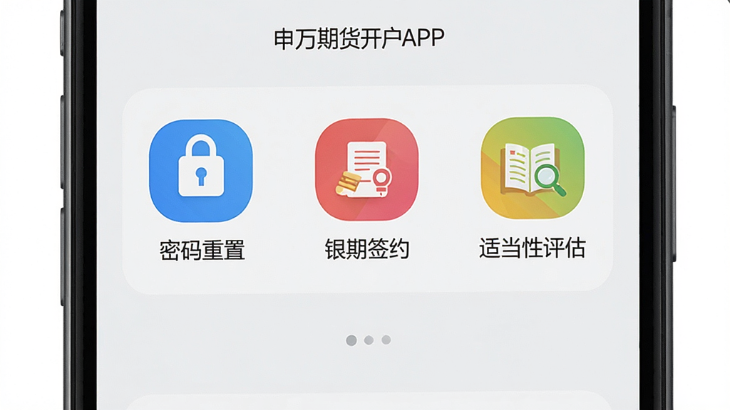一张手机屏幕展示申万期货开户APP账户业务办理页面的图片,页面包含“密码重置”、“银期签约”、“适当性评估”等选项图标,背景为浅灰色,图标色彩鲜明,布局整齐,风格简约商务,画质清晰,干净无多余元素