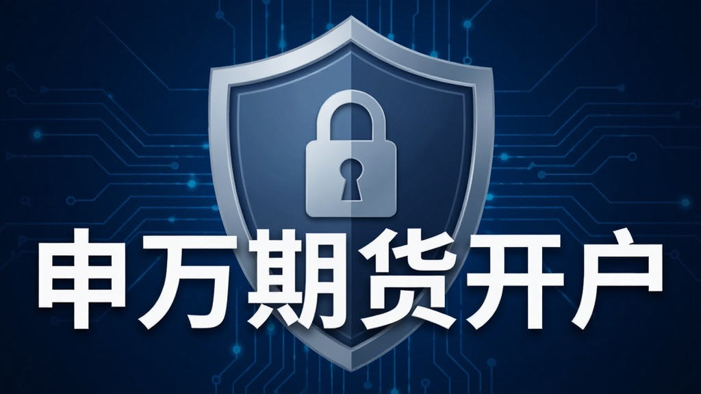 一张展示手机安全盾牌与“申万期货开户”文字组合的图片,盾牌中央有锁形图标,背景是深蓝色科技感线条,风格稳重安全,细节清晰,画质高,干净无多余元素