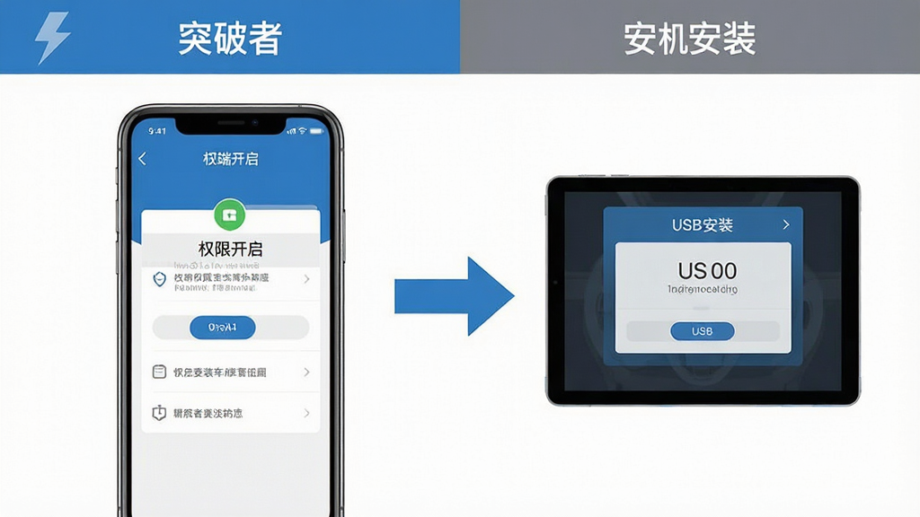 一张展示“突破者”软件在手机和车机上安装设置步骤的流程图,画面分为左右两部分,左侧为手机端权限开启界面,右侧为车机端USB安装界面,中间用箭头连接,风格为简洁信息图,色彩以蓝灰白为主,细节清晰,画质干净,无多余元素