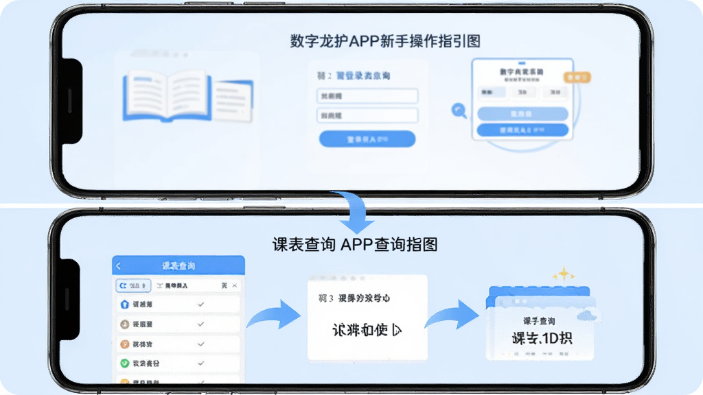 数字龙护专APP新手操作指引图,画面展示一部手机屏幕分为上下两部分,上半部分为登录界面示意图,下半部分为课表查询步骤示意图,中间用箭头连接,背景为浅蓝色,风格为教程图解风,排版清晰,画质高清,干净无多余元素