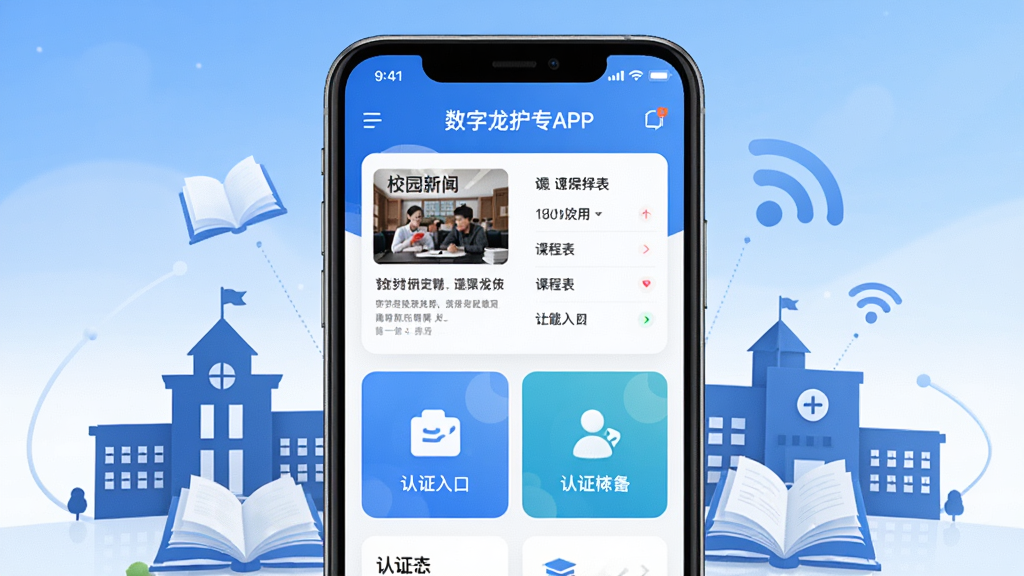 数字龙护专APP官方宣传图,画面中央是一部智能手机,手机屏幕上显示着数字龙护专APP的首页界面,界面中包含校园新闻、课程表、认证入口等模块,手机周围环绕着校园建筑剪影、书本、WiFi信号等元素,背景为清新的蓝白渐变色调,整体风格简洁现代,排版采用居中构图,细节清晰,画质高清,干净无多余元素