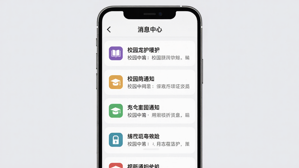 数字龙护专APP消息推送界面图,画面展示手机屏幕上的消息通知列表,列表中包含多条校园通知标题,每条通知左侧有不同颜色的图标标识,屏幕顶部有消息中心标题,背景为浅灰色,风格简约清爽,排版为纵向列表,画质清晰,干净无多余元素