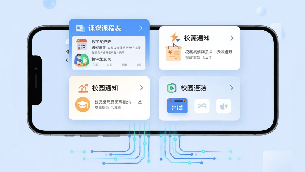 数字龙护专APP功能整合示意图,画面展示一部手机屏幕内同时呈现课程表、成绩单、校园通知、一卡通四个功能卡片,卡片以悬浮方式排列在屏幕中央,背景为柔和的浅蓝色,手机下方有数据流线条连接各个卡片,象征数据整合与互联互通,风格为扁平化科技风,排版整齐,画质清晰,干净无多余元素