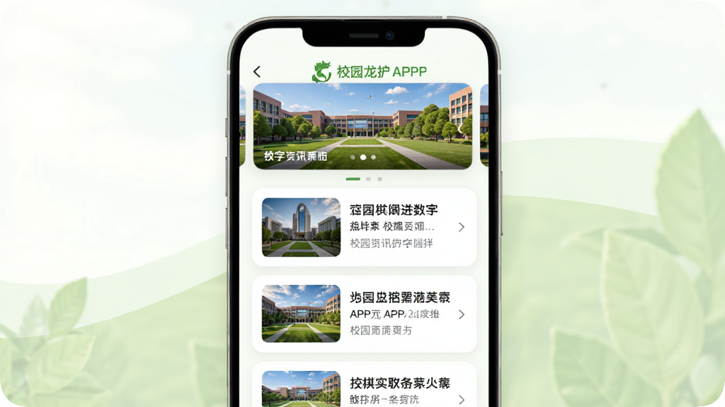 数字龙护专APP校园资讯界面图,画面展示手机屏幕上的资讯列表页面,每条资讯配有缩略图和标题,屏幕上方有轮播图展示校园风光,背景为白色与浅绿色搭配,风格清新自然,排版为卡片式布局,画质高清,干净无多余元素
